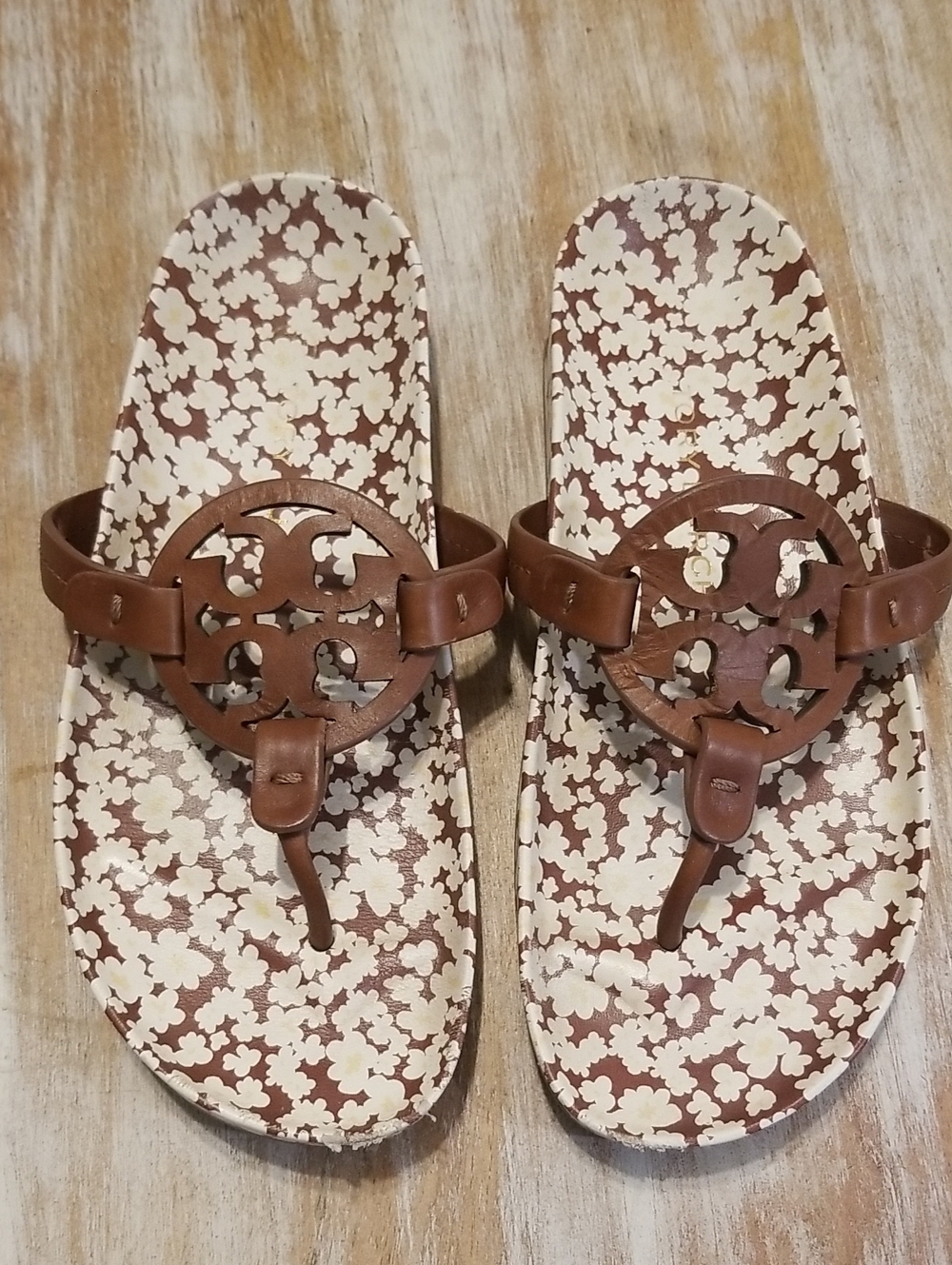 Tory Burch Brown Leather Miller Flip Sandals with Cream Floral Insole